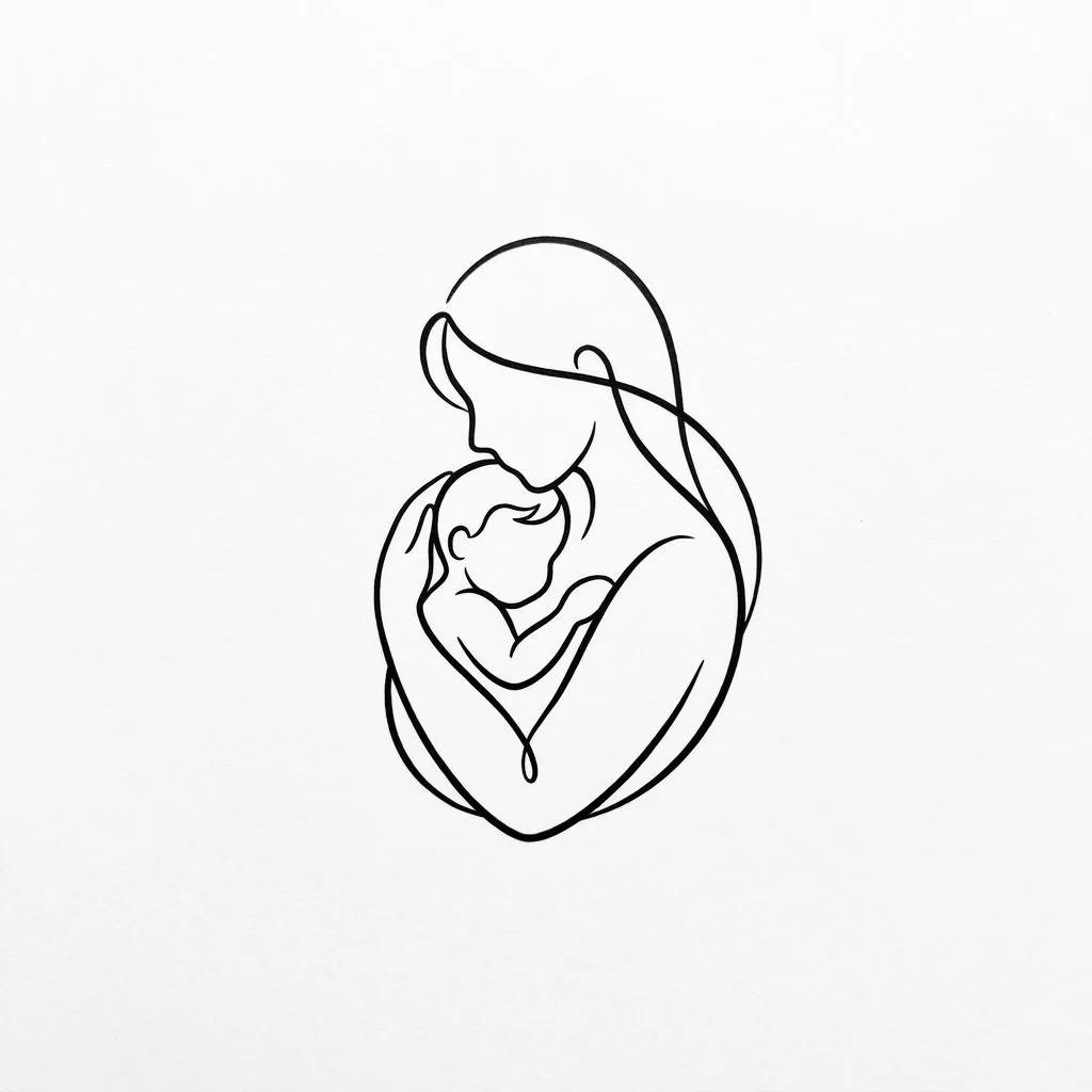 Tatouage en trait continu d'une mère tenant son bébé, style minimaliste noir sur fond blanc.