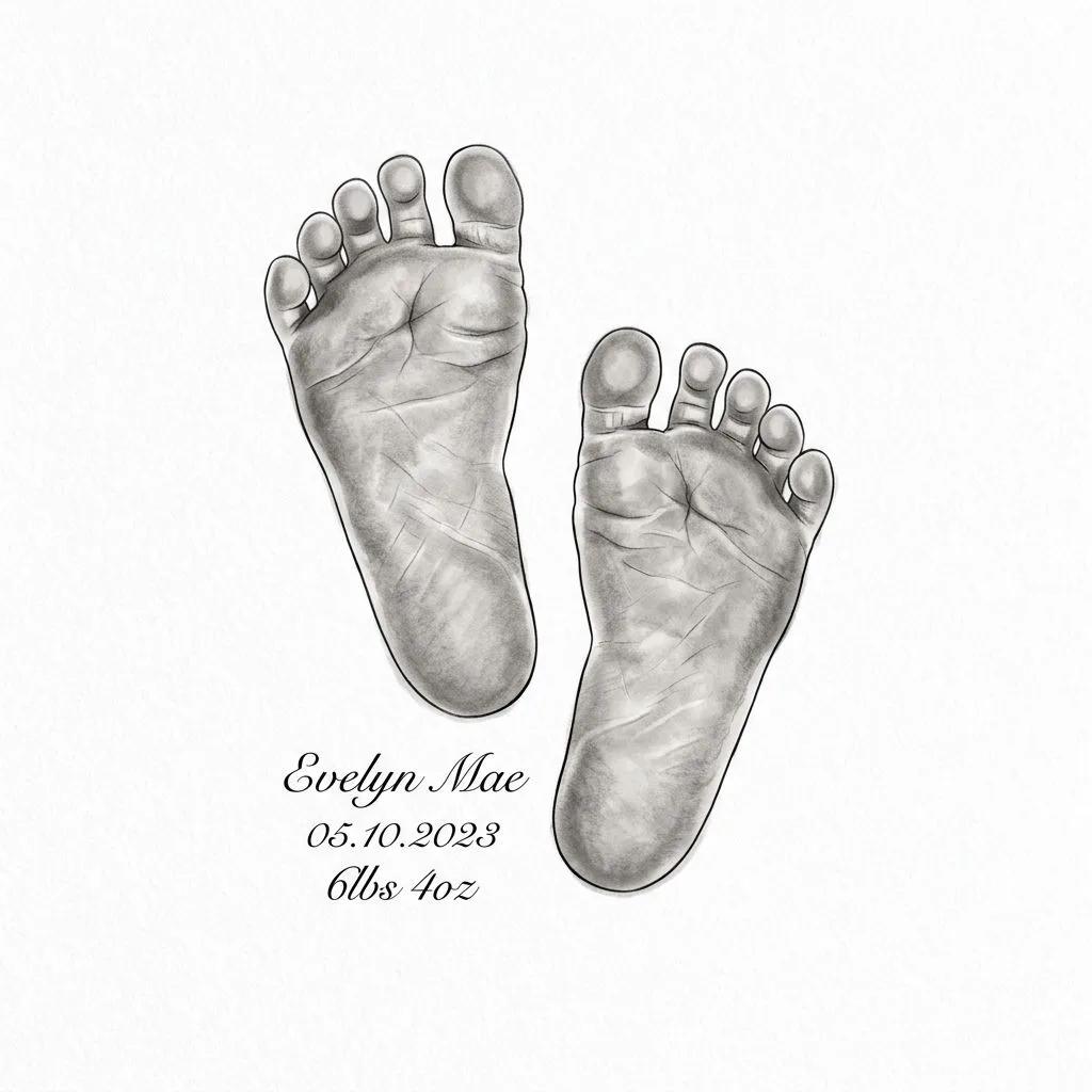Dessin de tatouage réaliste d'empreintes de pieds de bébé avec prénom et date de naissance.