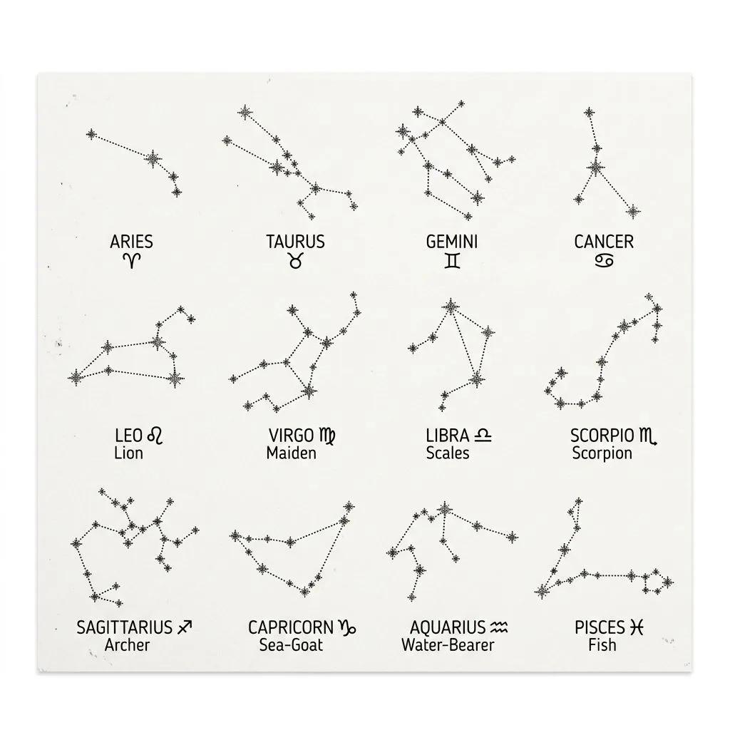 Planche de tatouage des 12 constellations du zodiaque en style dotwork minimaliste sur fond blanc.