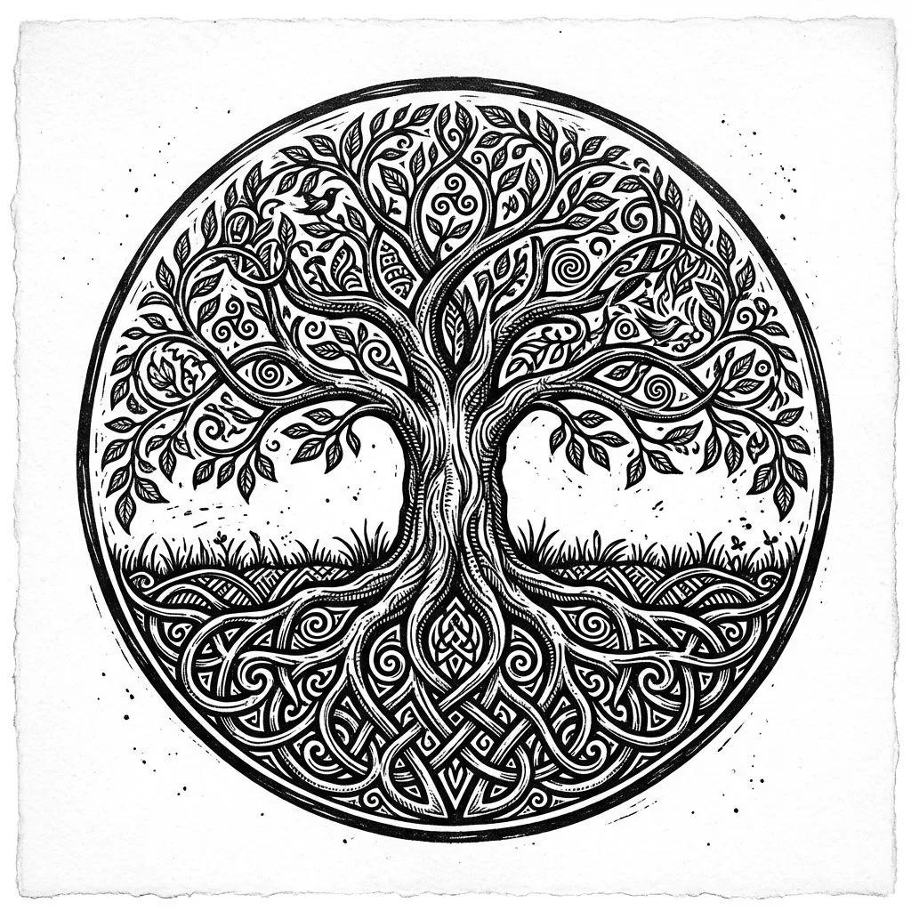 Tatouage d'arbre de vie circulaire avec racines entrelacées, style gravure sur bois.