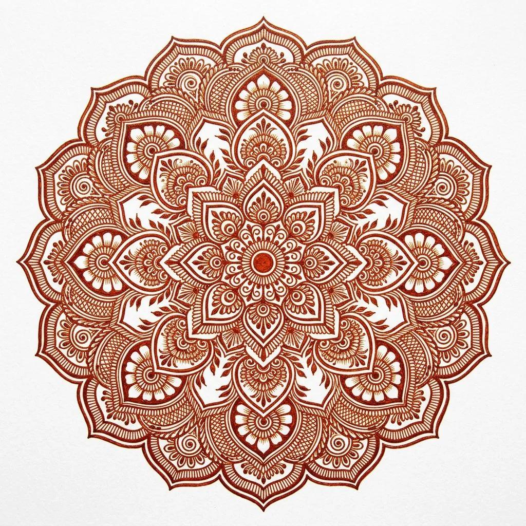 Dessin de tatouage mandala style henné aux motifs floraux brun-rouge sur fond blanc.