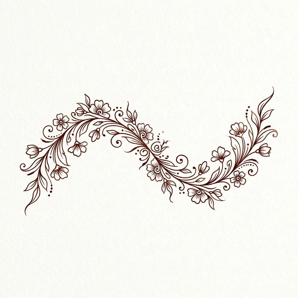 Dessin de tatouage floral ondulé style henné avec des fleurs et des volutes sur fond blanc.