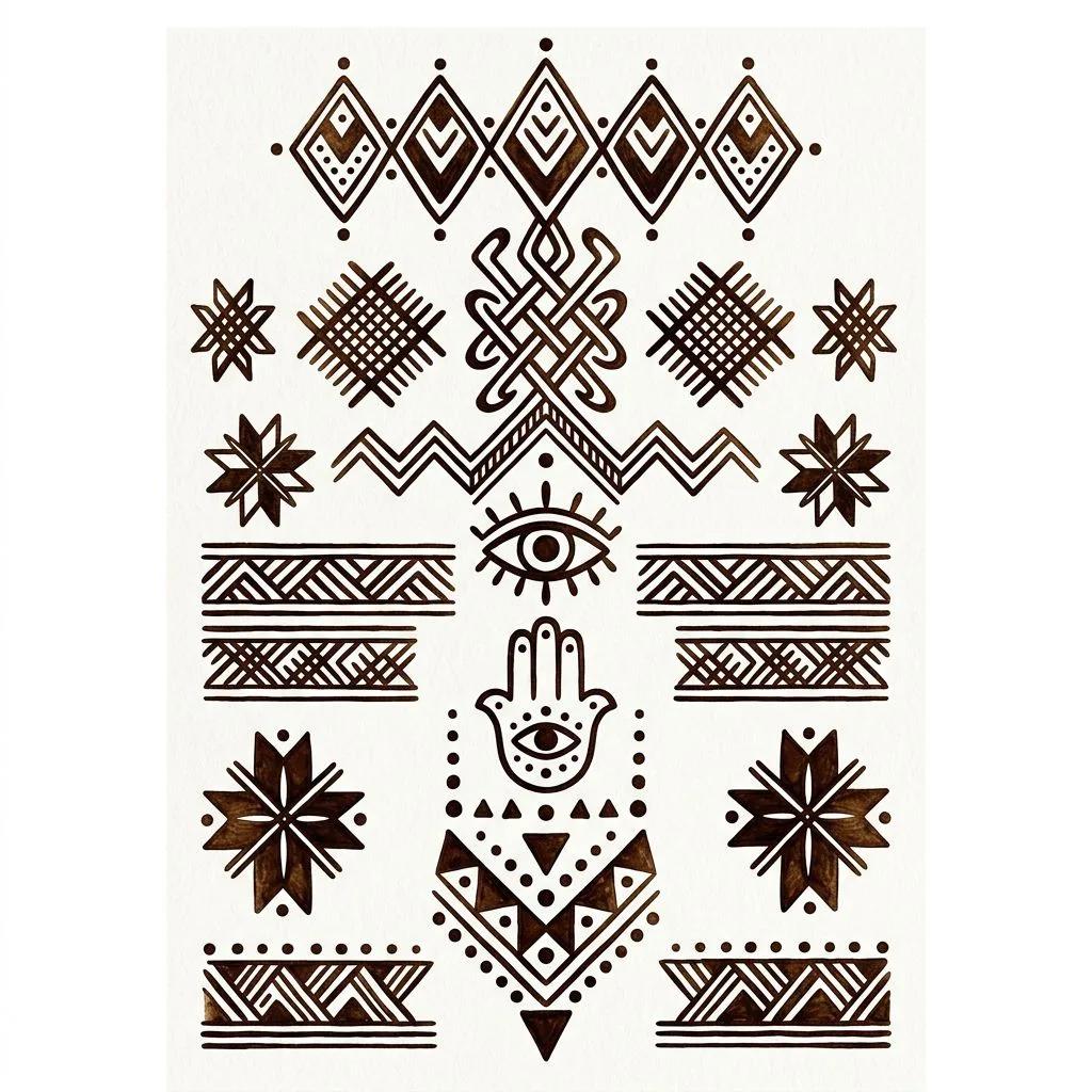 Planche de motifs de tatouage berbère géométrique marron foncé sur fond blanc.