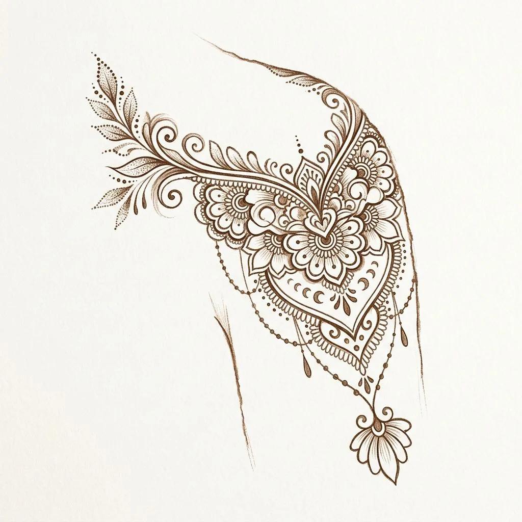 Dessin de tatouage style henné avec motifs floraux et dentelle ornementale sur fond blanc.