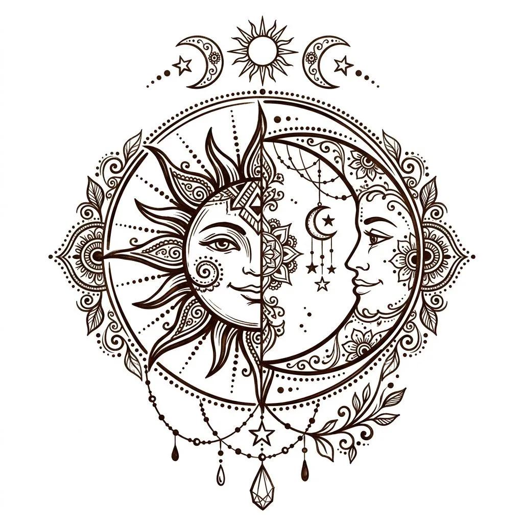 Dessin de tatouage henné d'un soleil et d'une lune entrelacés avec des motifs mandalas complexes.