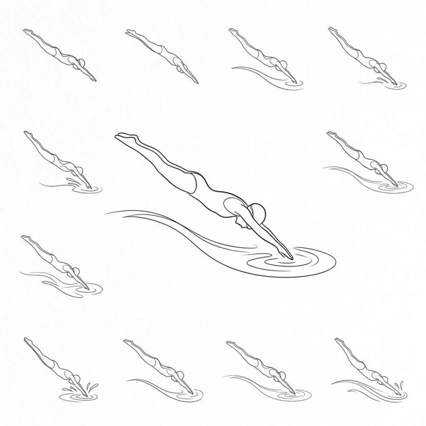 Planche de tatouage minimaliste représentant une nageuse plongeant, style trait fin noir sur fond blanc.