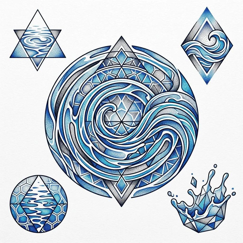 Planche de tatouages géométriques avec des vagues et reflets d'eau en dotwork bleu et noir.