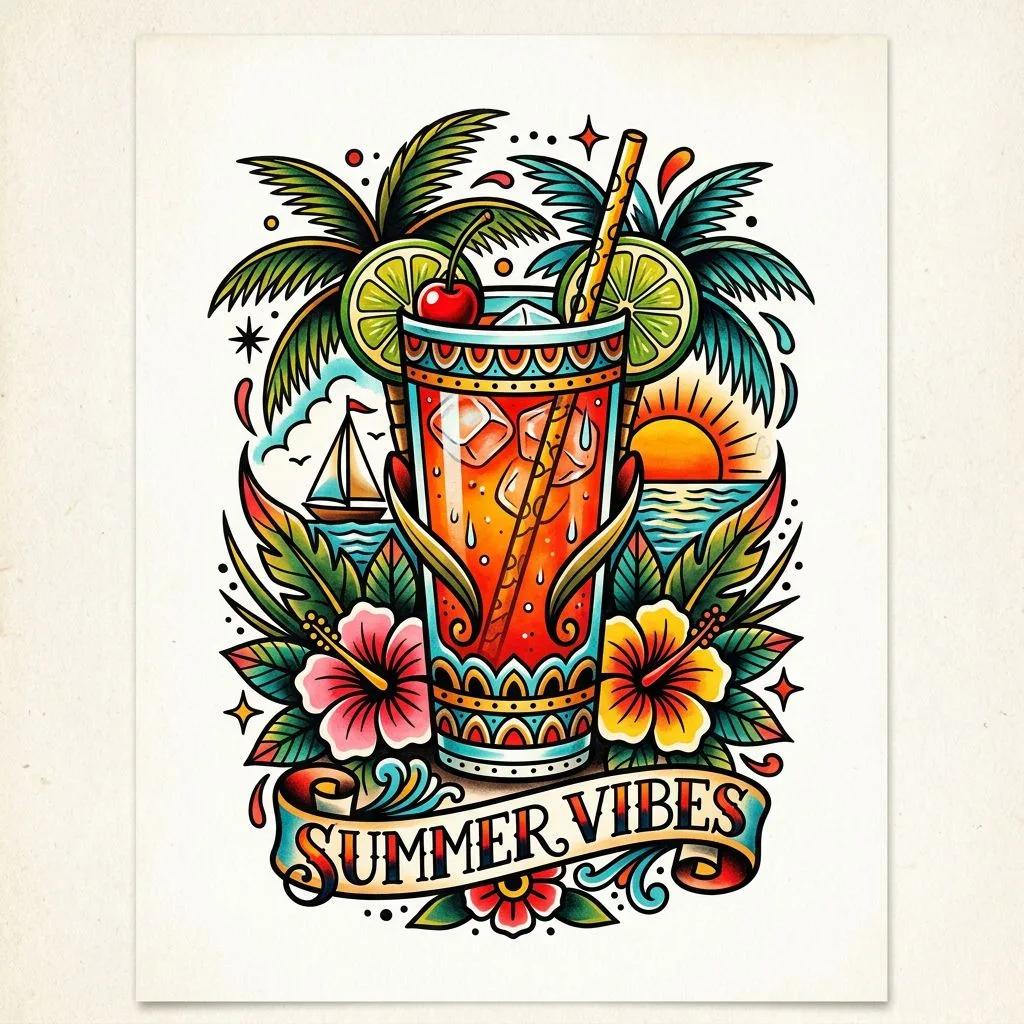 Dessin de tatouage traditionnel d'un cocktail d'été avec palmiers, hibiscus et coucher de soleil sur fond blanc.