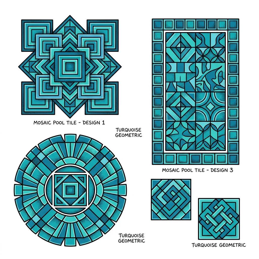 Dessins de tatouage géométriques turquoise inspirés par des mosaïques de piscine sur fond blanc.