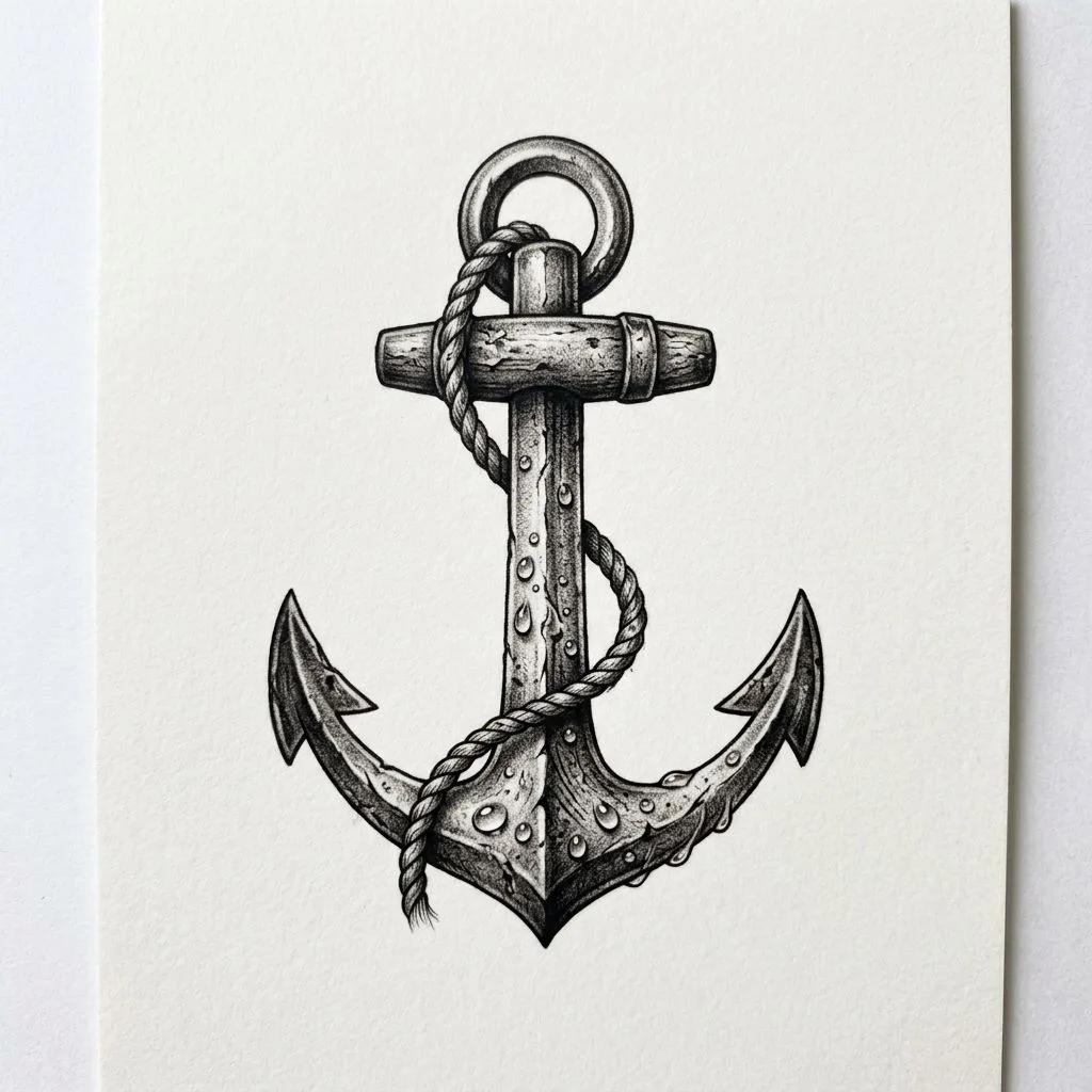Dessin de tatouage d'une ancre réaliste avec une corde et des gouttes d'eau, style noir et gris.
