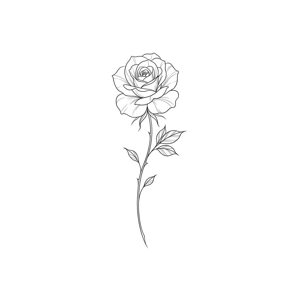 Tatouage d'une rose minimaliste en fine-line avec tige et feuilles sur fond blanc.