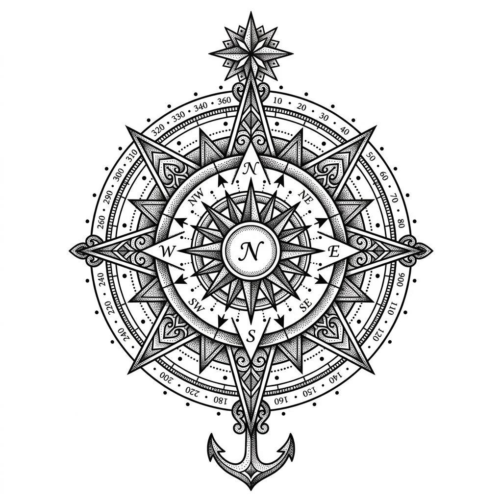 Dessin de tatouage d'une boussole géométrique en dotwork avec ancre et étoile sur fond blanc.