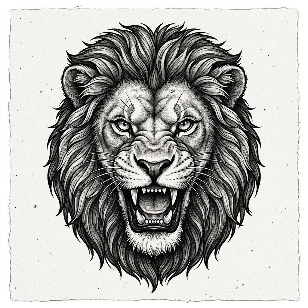 Dessin de tatouage d'une tête de lion rugissant aux détails soignés sur fond blanc.