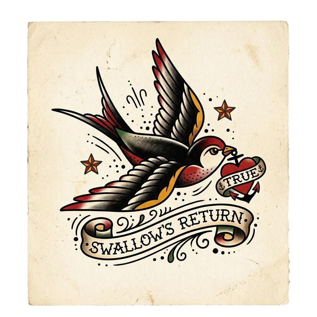 Tatouage d'hirondelle de style old school avec un cœur, une ancre et des bannières sur papier vieilli.