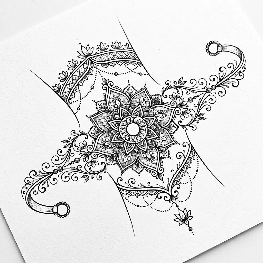 Dessin de tatouage ornemental avec un mandala central, des motifs de dentelle et des fleurs en traits fins noirs.