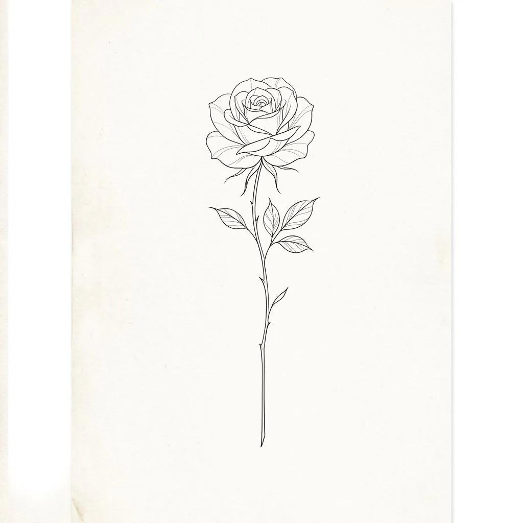 Dessin de tatouage d'une rose minimaliste aux traits fins avec une longue tige verticale.