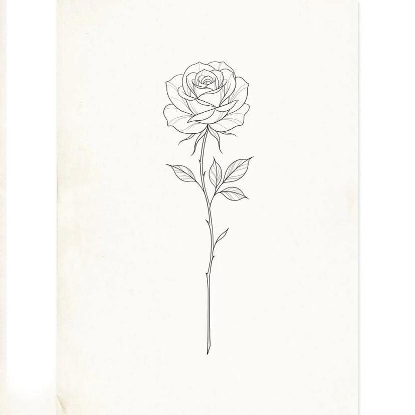 Dessin de tatouage d'une rose minimaliste aux traits fins avec une longue tige verticale.