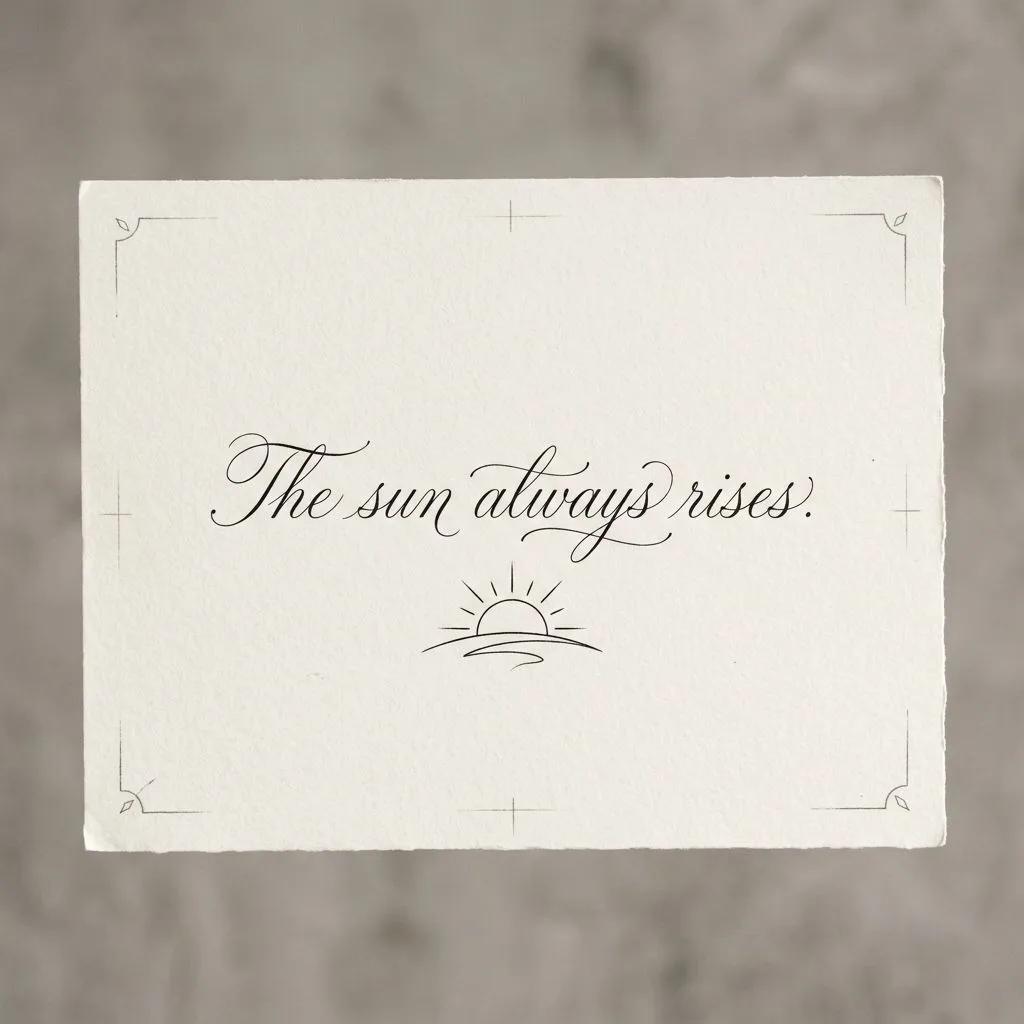 Modèle de tatouage avec la citation 'The sun always rises' en écriture cursive élégante sur papier blanc.