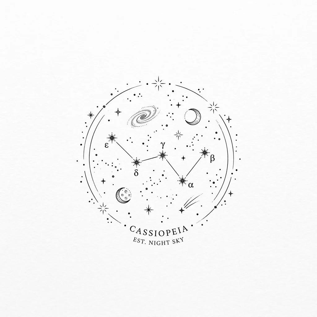 Tatouage de la constellation Cassiopée, style fine-line et dotwork avec éléments célestes.