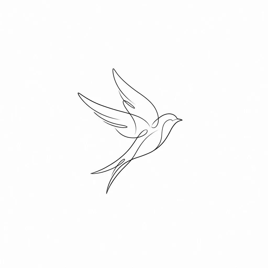 Tatouage minimaliste d'un oiseau en plein envol dessiné d'un seul trait fin sur un fond blanc uni.