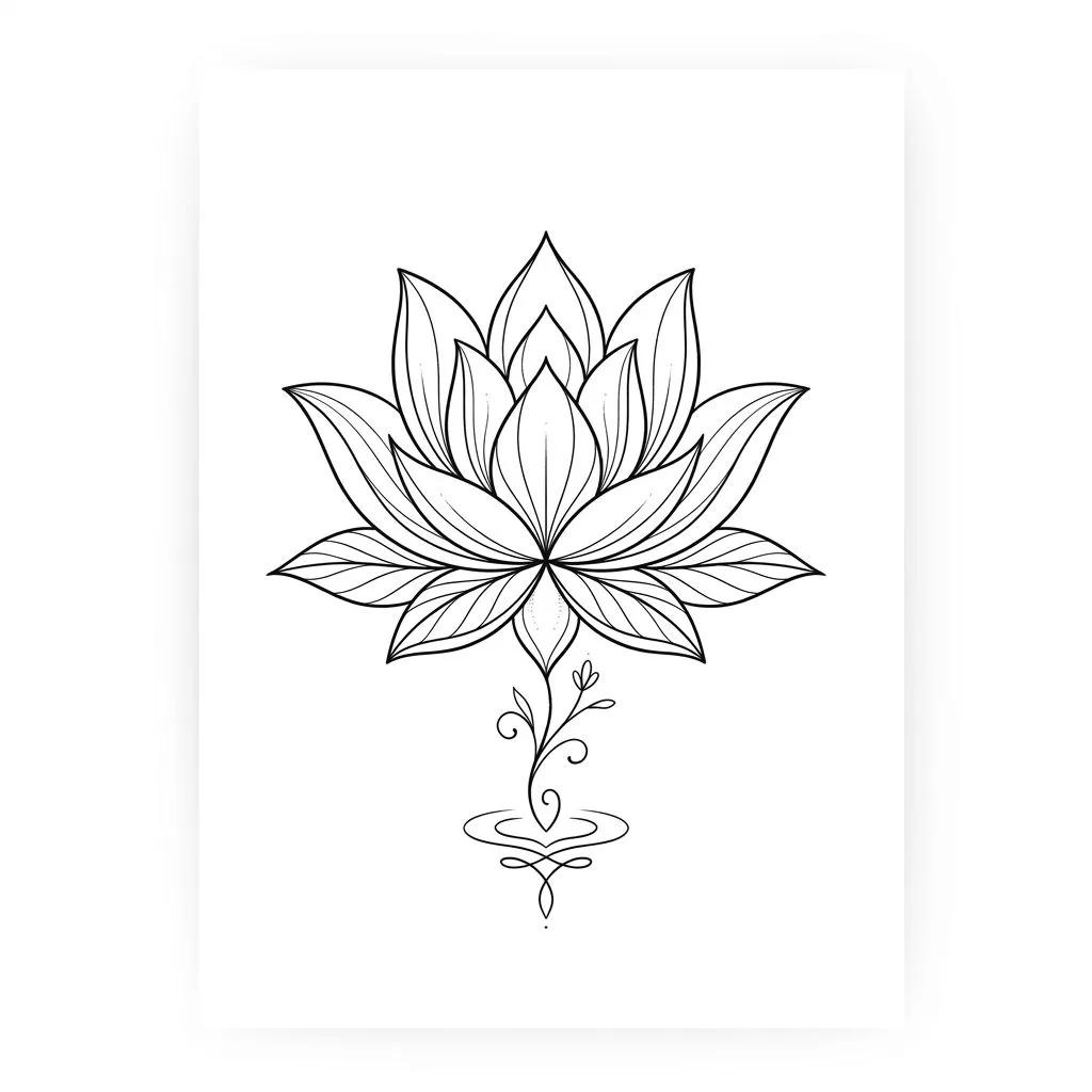 Dessin de tatouage d'une fleur de lotus symétrique en trait fin sur fond blanc.