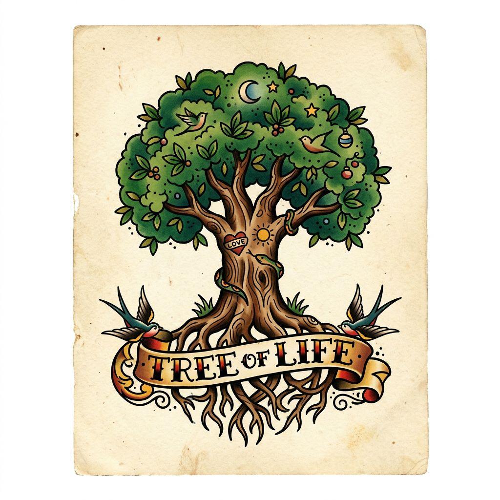 idée tatouage arbre de vie arbre old school