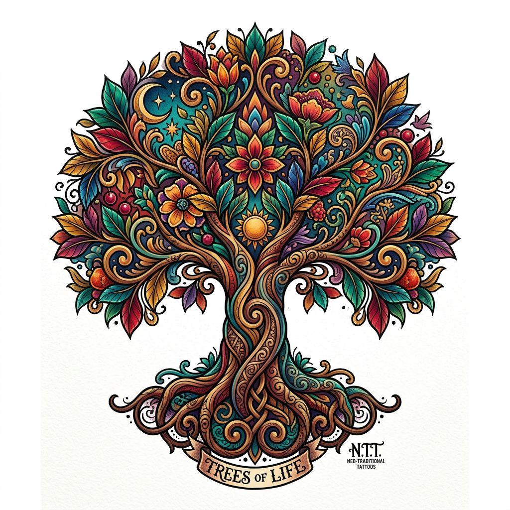 idée tatouage arbre de vie arbre néo-traditionnel