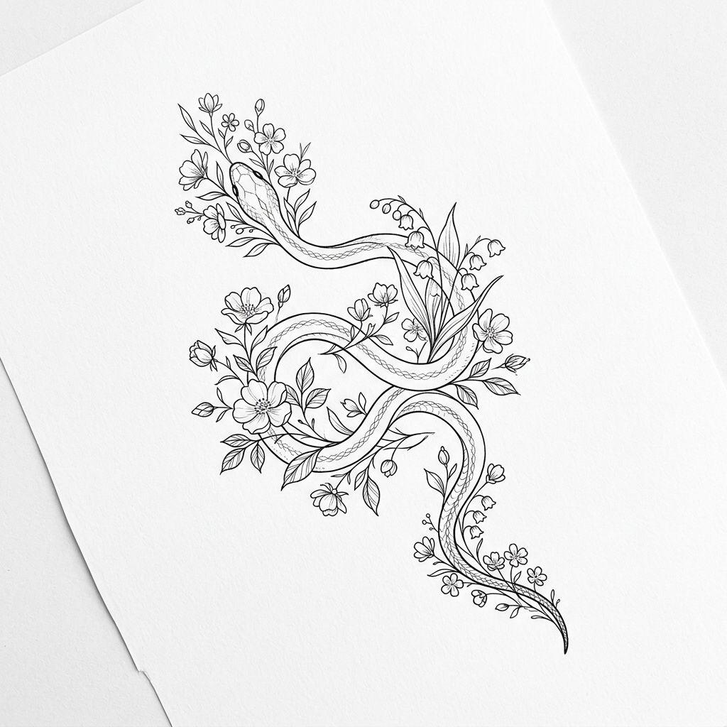 idée tatouage avant-bras femme serpent fin botanique