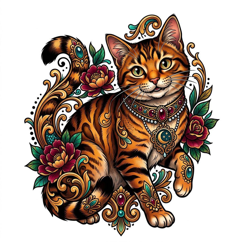 idée tatouage chat chat curieux néo-traditionnel