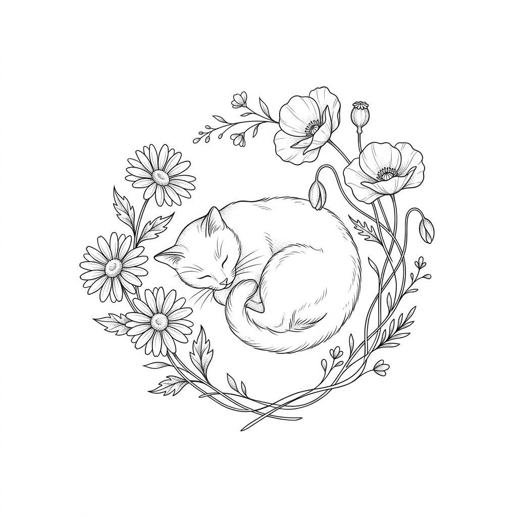 idée tatouage chat chat dans les fleurs floral