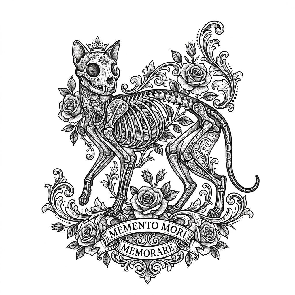 idée tatouage chat chat squelette ornemental
