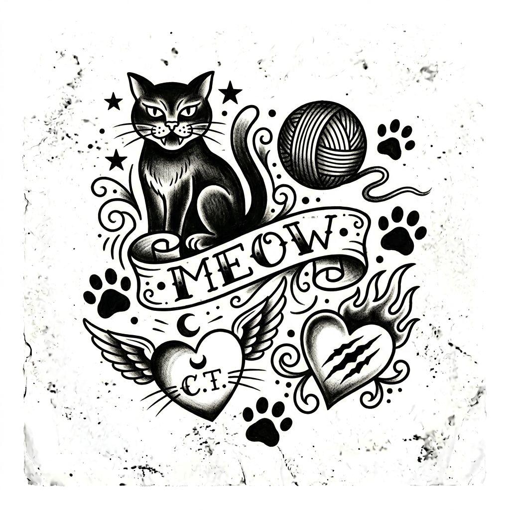 idée tatouage chat patchwork chats vintage
