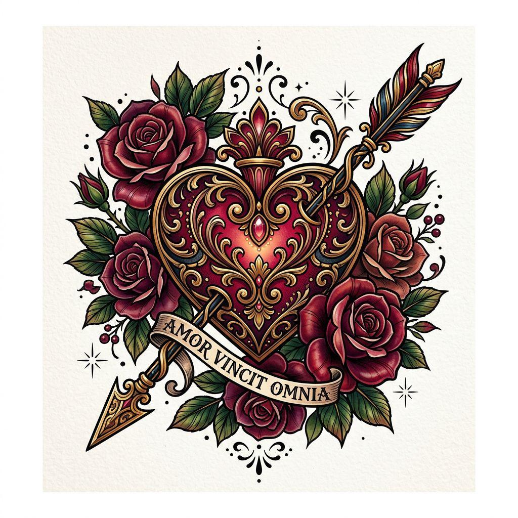 idée tatouage coeur coeur néo-traditionnel ornemental