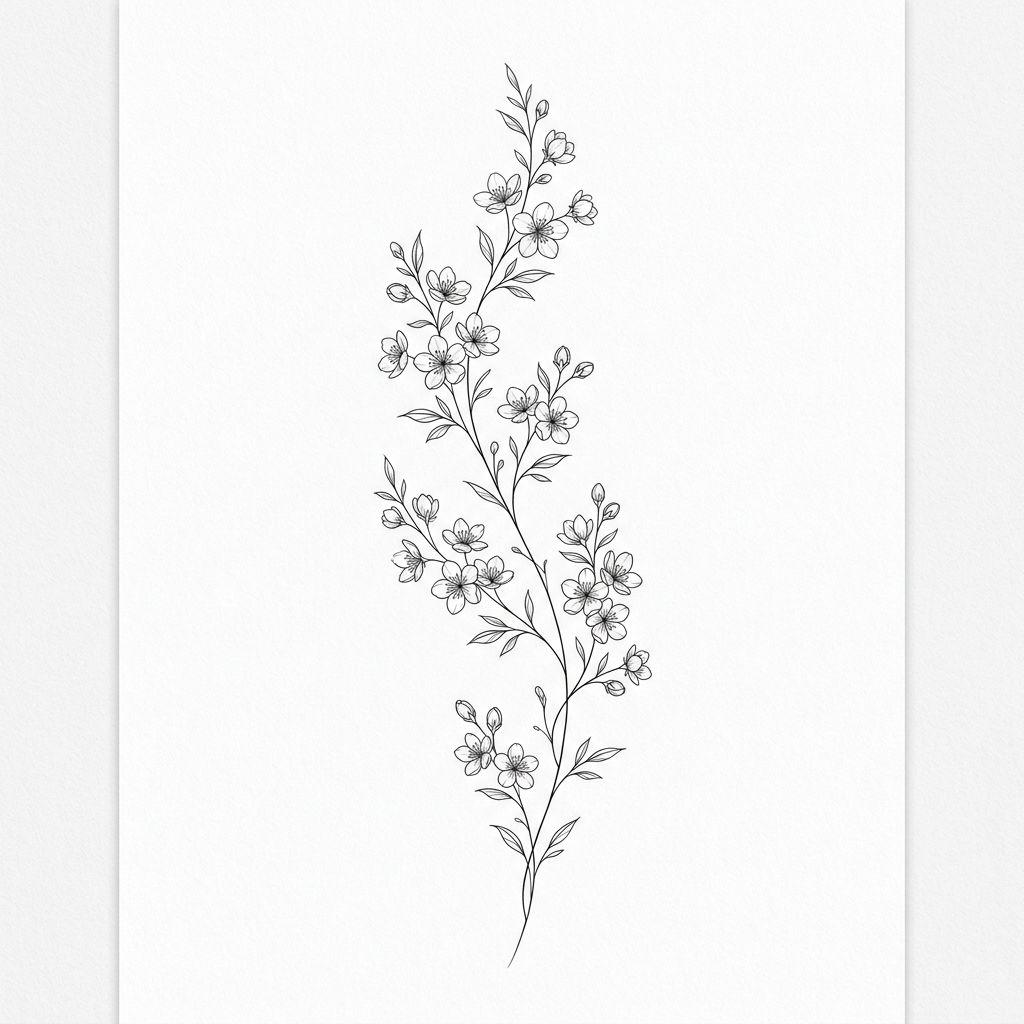 idée tatouage colonne vertébrale branche florale fine line