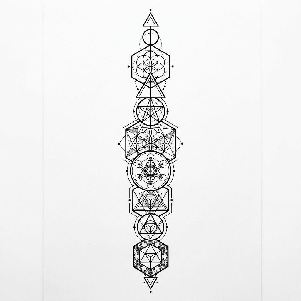 idée tatouage colonne vertébrale composition géométrique sacrée