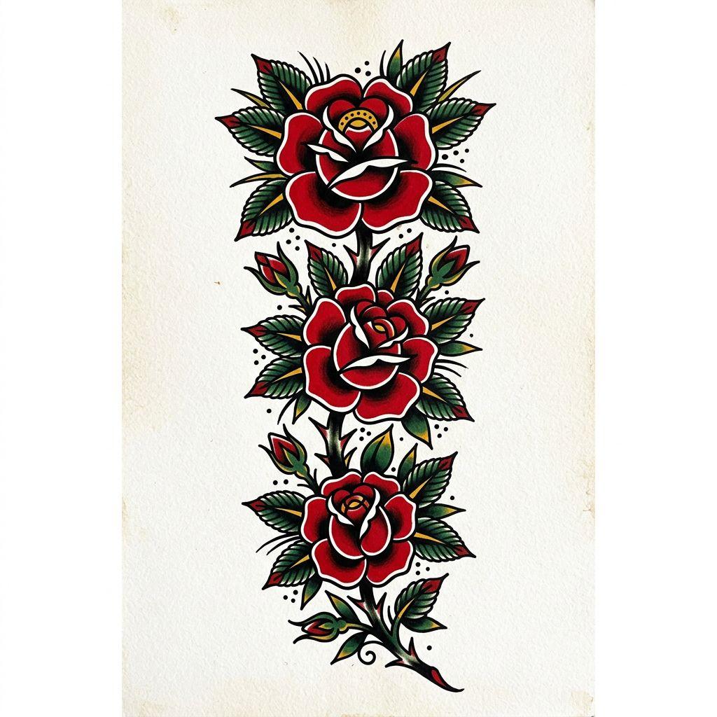 idée tatouage colonne vertébrale rose old school descendante