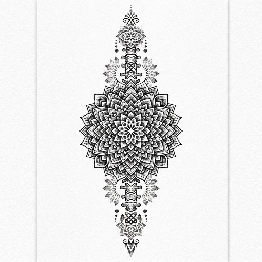 idée tatouage colonne vertébrale mandala dotwork dorsal