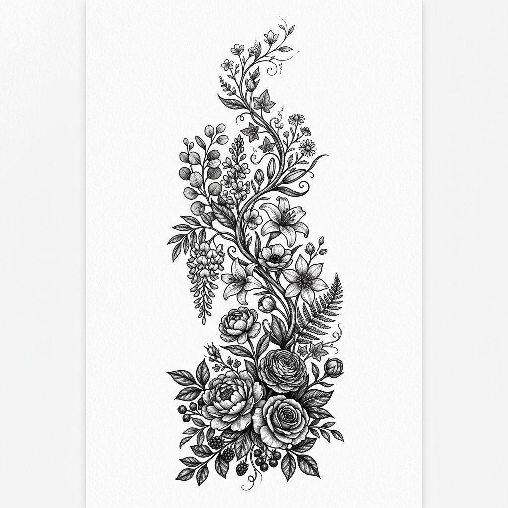 idée tatouage colonne vertébrale vigne florale ascendante