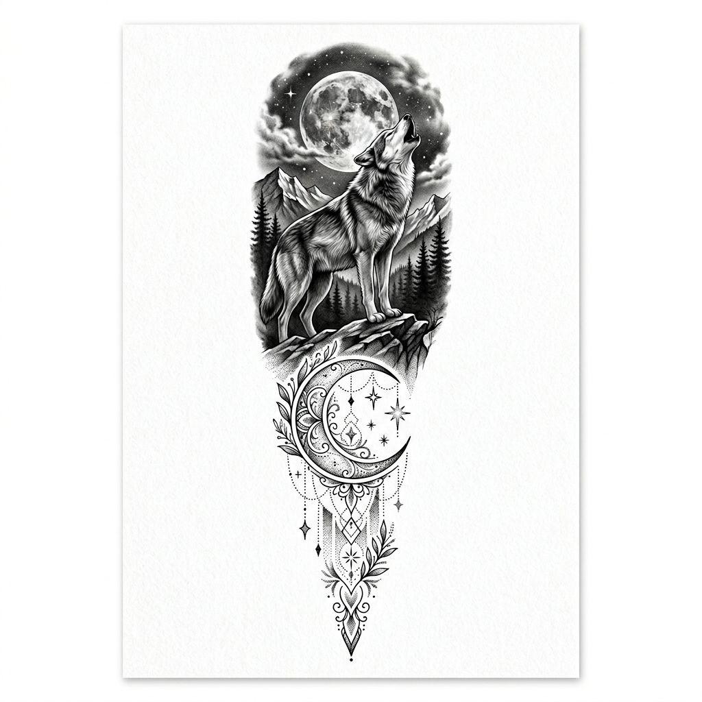 idée tatouage colonne vertébrale loup hurlant à la lune