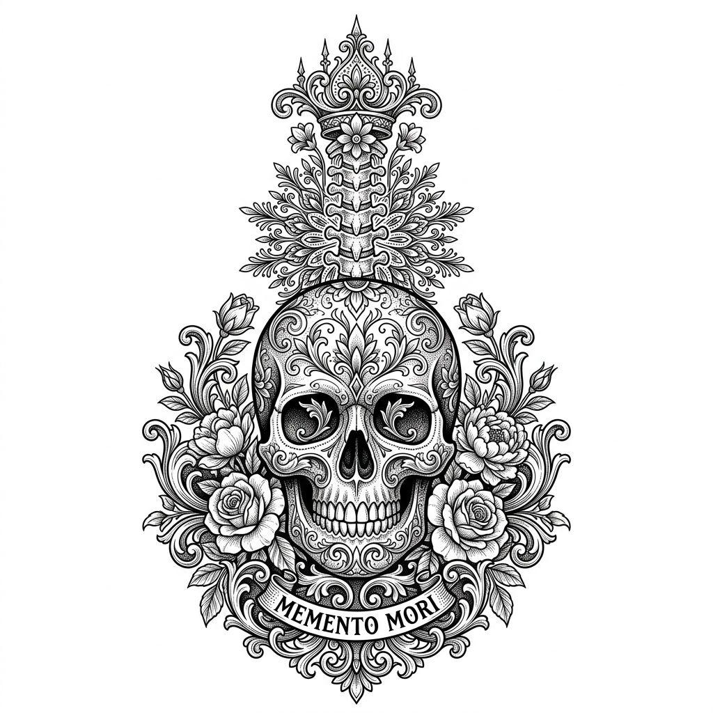 idée tatouage colonne vertébrale crâne ornemental central