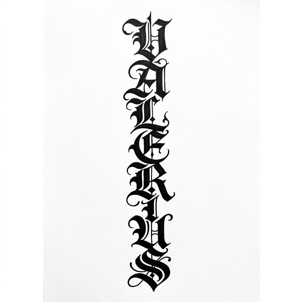 idée tatouage colonne vertébrale lettrage gothique vertical