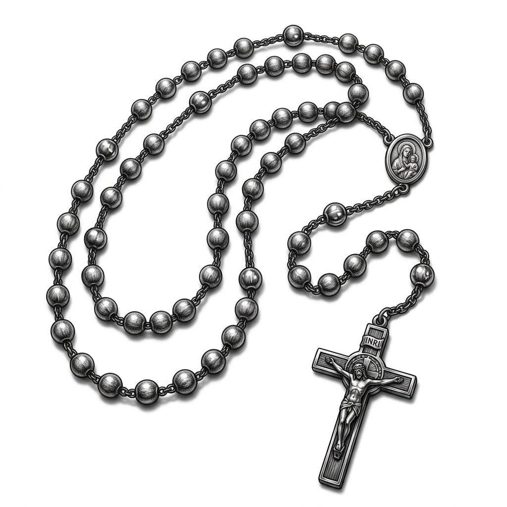 idée tatouage croix croix et chapelet realiste, design sur fond blanc