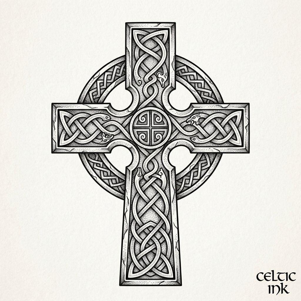 idée tatouage croix croix celtique entrelacee, design sur fond blanc