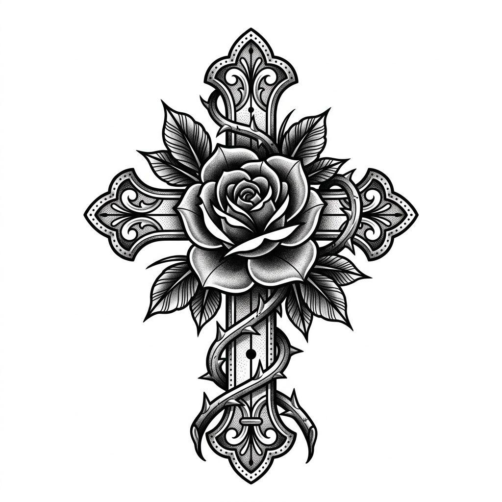 idée tatouage croix croix et rose entrelacees, design sur fond blanc