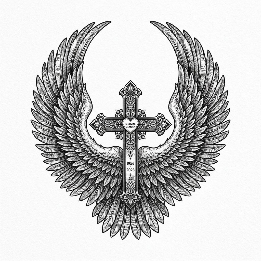 idée tatouage croix croix ailes d ange, design sur fond blanc