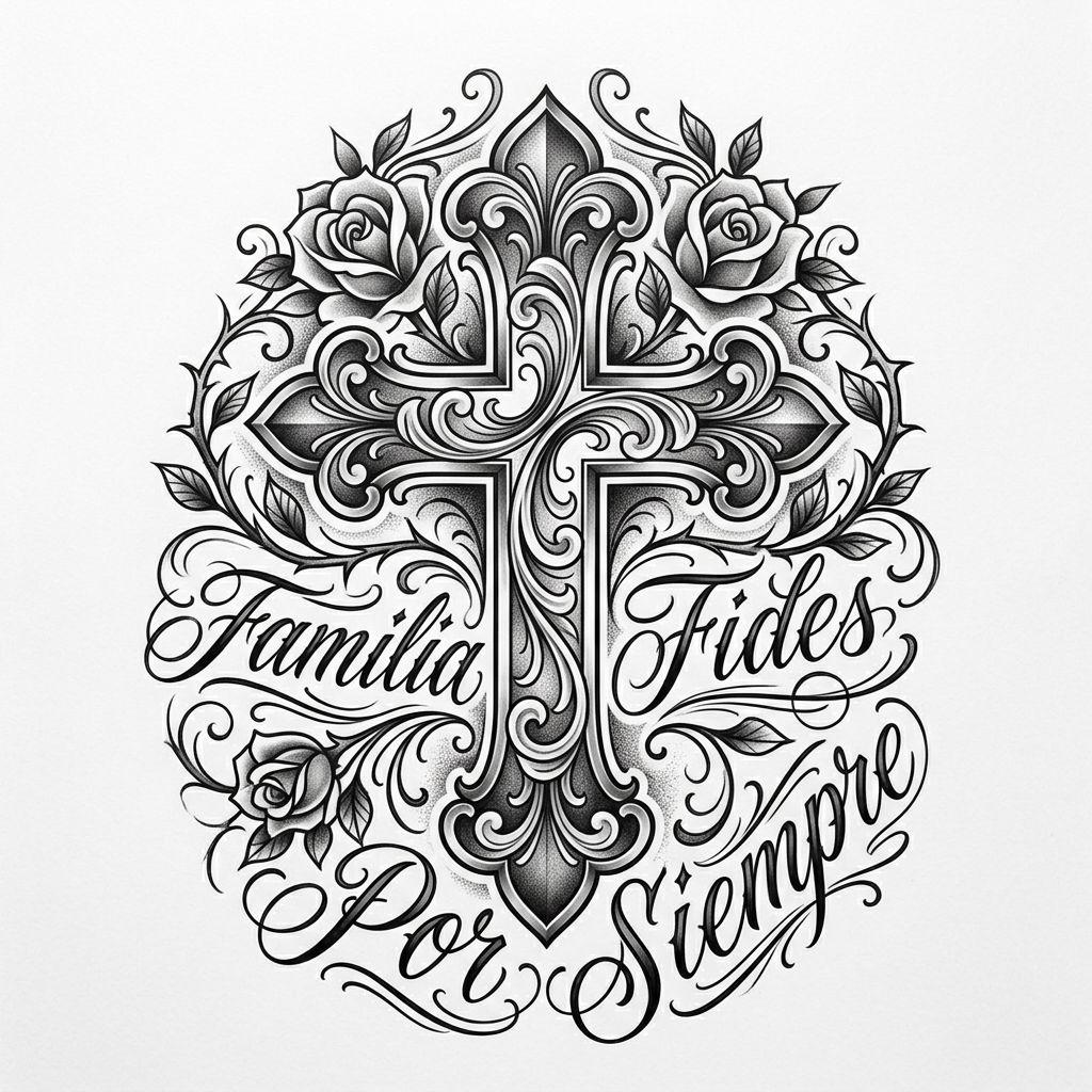 idée tatouage croix croix chicano fine, design sur fond blanc