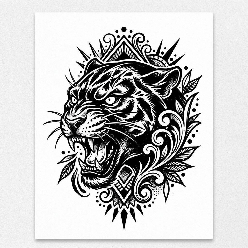 idée tatouage cuisse panthère blackwork