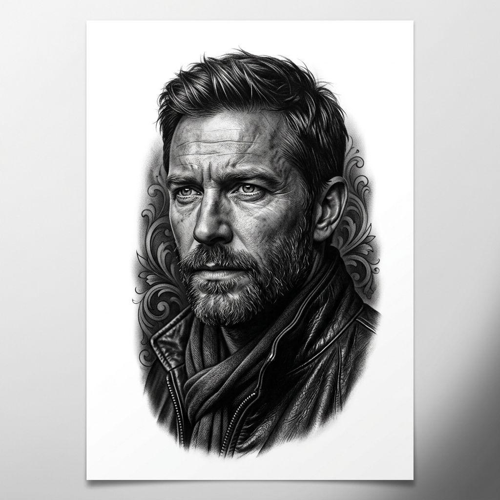 idée tatouage cuisse portrait réaliste noir et gris