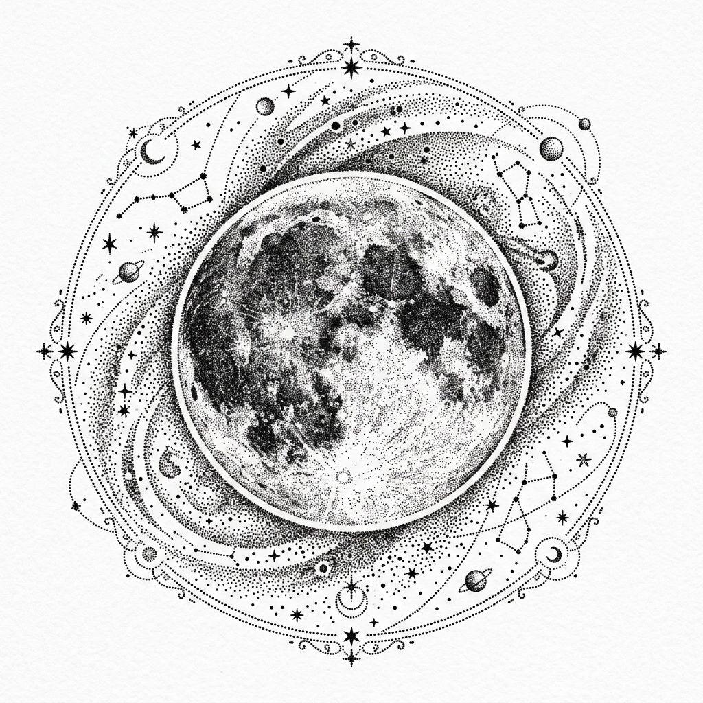 idée tatouage cuisse lune dotwork