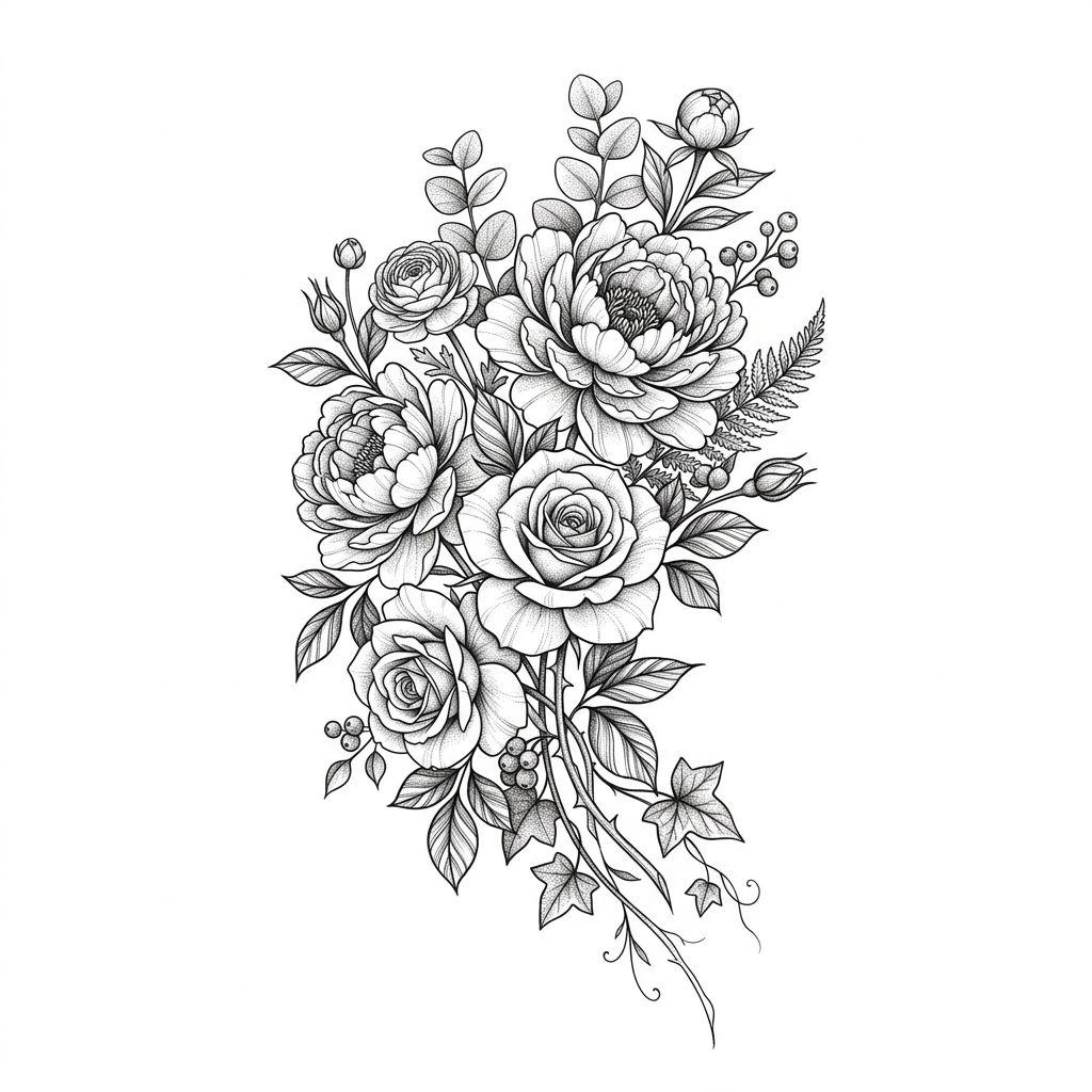 idée tatouage cuisse bouquet floral détaillé